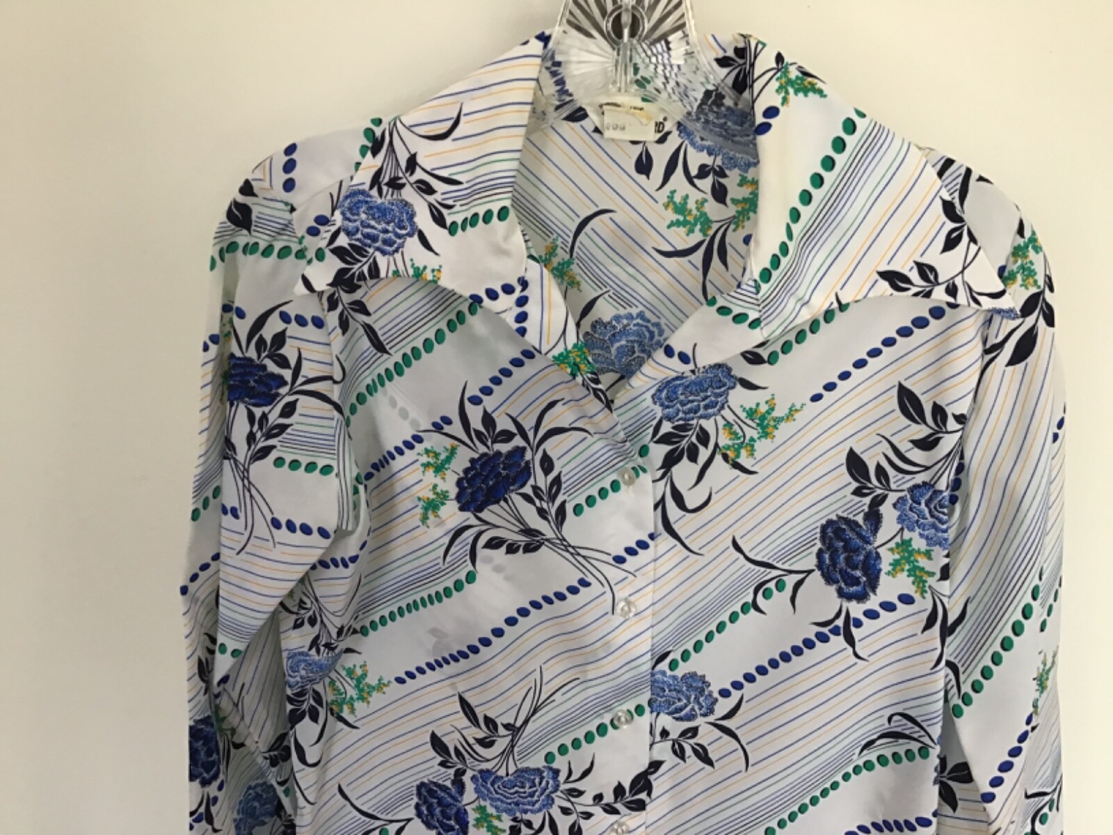 Vintage 70’s GAILORD Texturized Polyester Blue Floral Blouse Size 8 Disco Era!