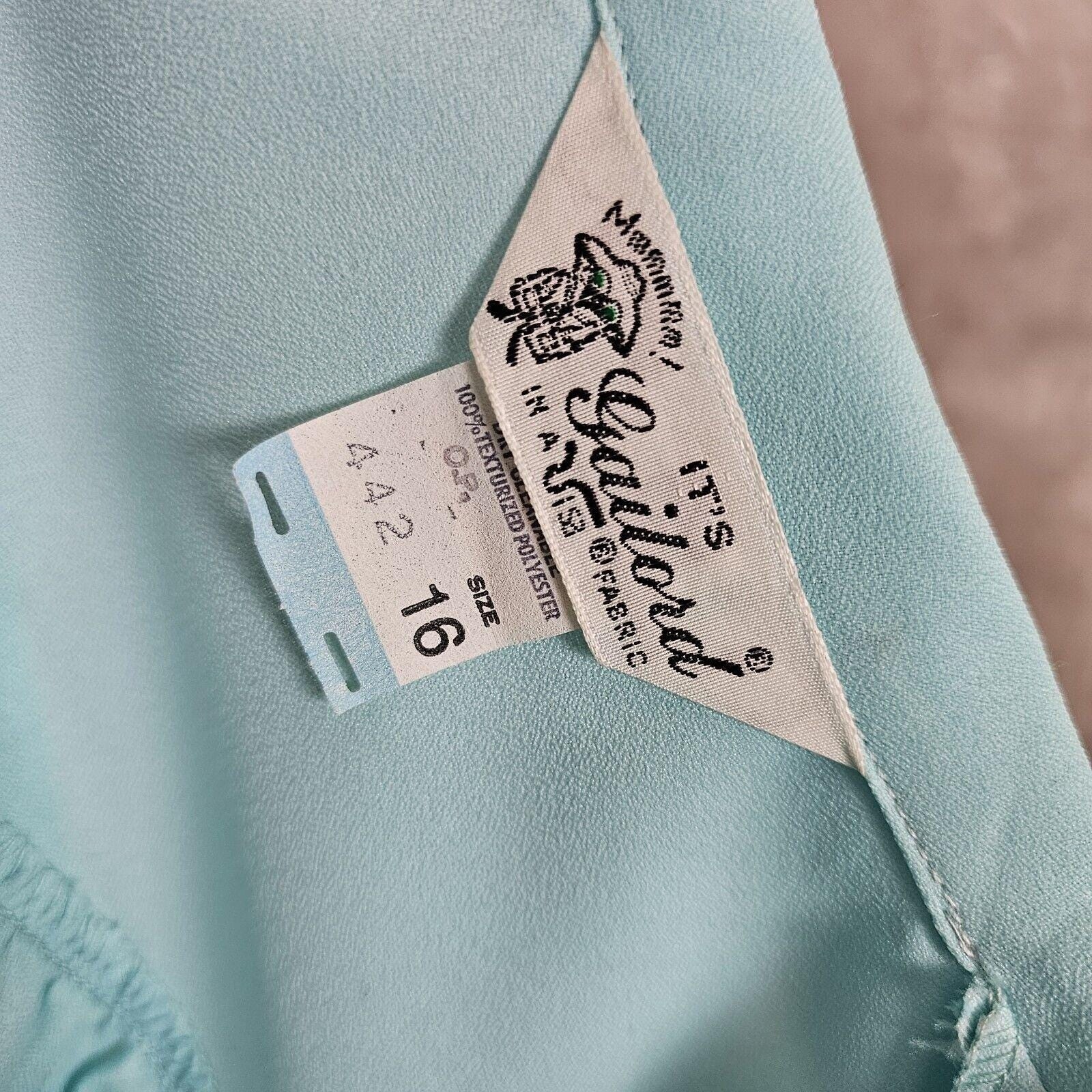 Vintage 70s 80s Its Gailord Womens 16 Turquoise Blue Textured Poly Blouse Top