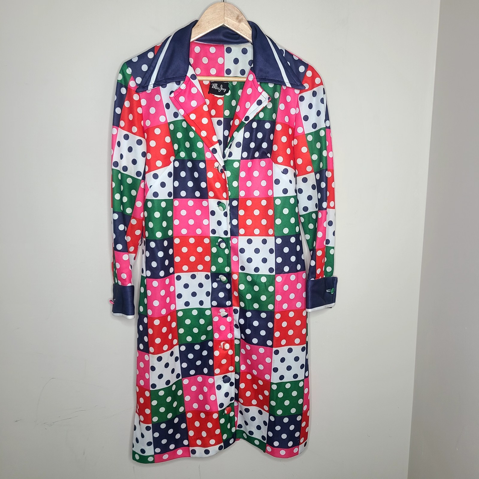 Vintage 70s Miss Joey Polka Dot Patchwork Dress Mod Disco Long Sleeve MCM