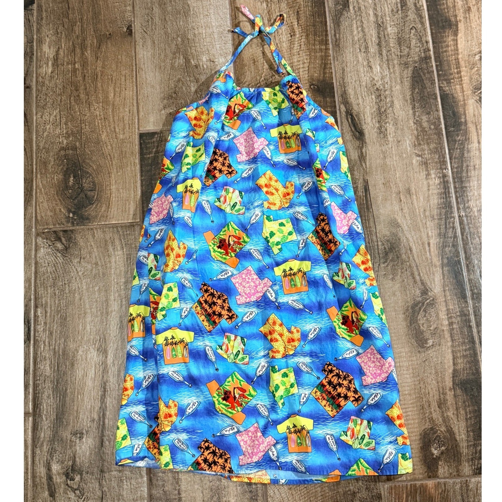 Hilo Hattie Womens VTG Message In Bottle Novelty Hawaiian Halter Dress, Blue, L