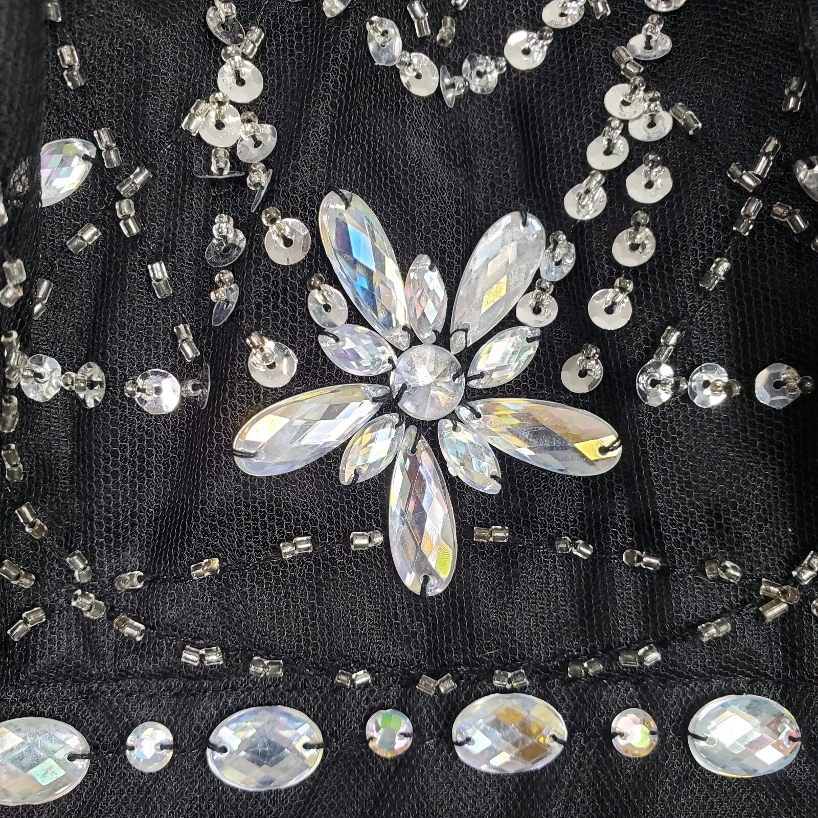 Vtg B Darlin Top Size S Black Halter Crop Embellished Jewels Sheer Padded Zip Up