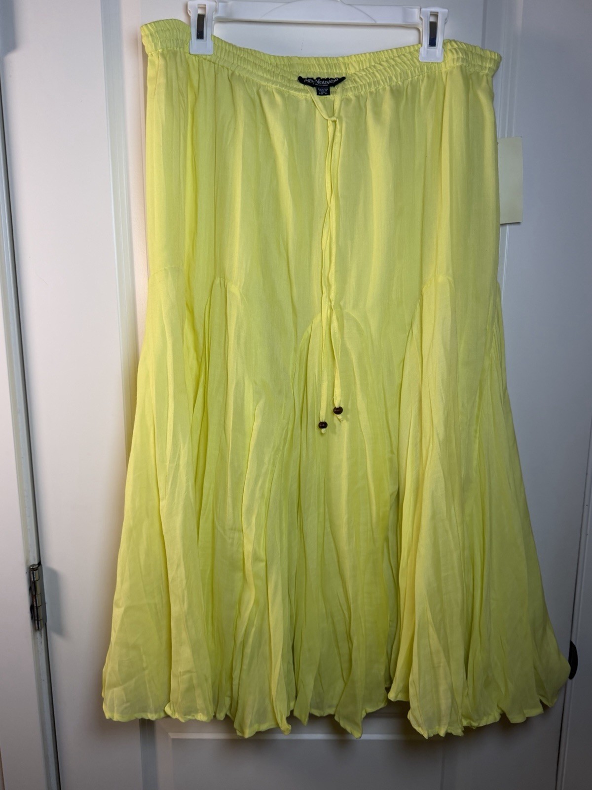 Vintage Y2K Mix Nouveau Yellow Smocked Waist Maxi Skirt Boho Beaded Tassels XL