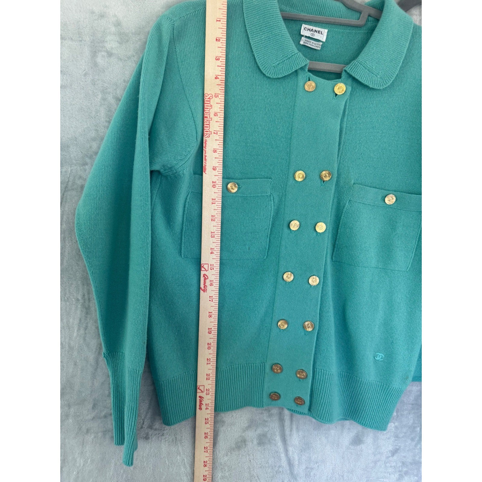 Chanel Vintage Cashmere Skirt Suit Teal Green Gold CC Buttons Scotland Sz 8 10