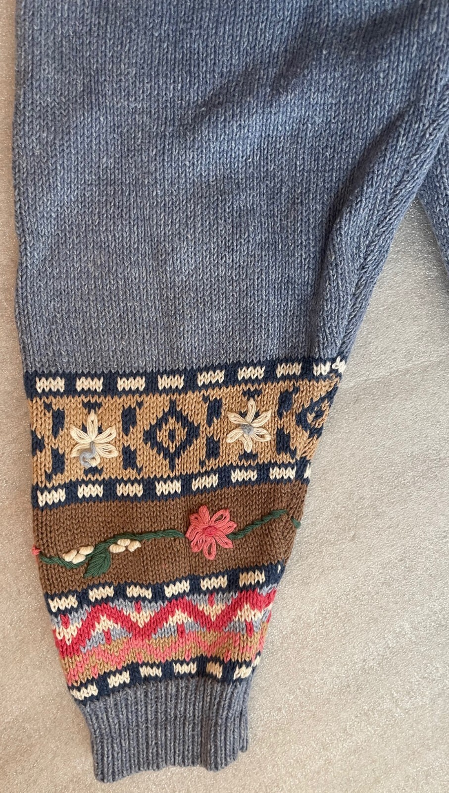 Y2K JANTZEN CLASSICS, RAMIE COTTON KNIT BLUE CARDIGAN HAND STITCHED FLOWERS, EUC
