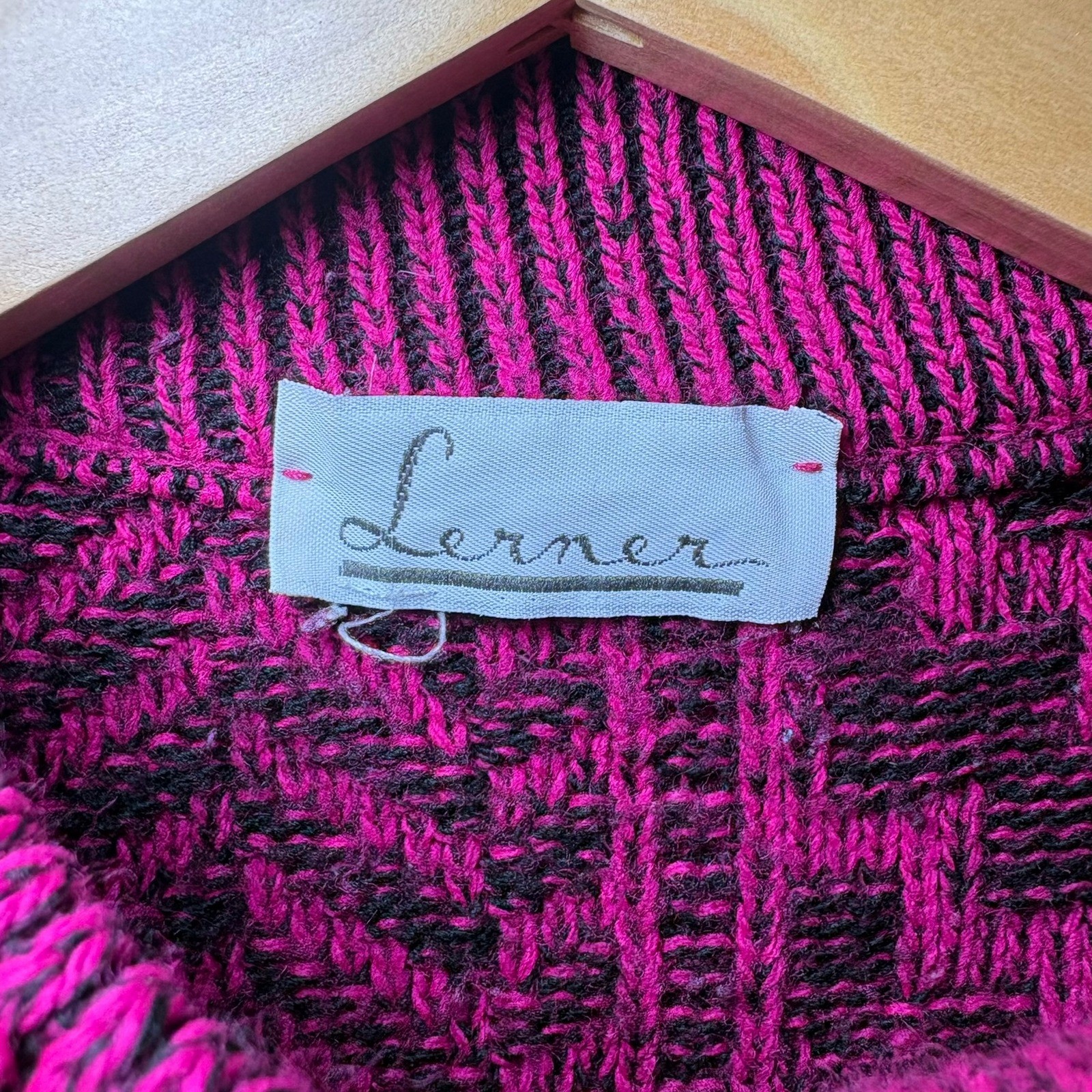 Vintage Lerner Magenta Pink Black Geo Patchwork Heavy Knit Sweater Mock Neck
