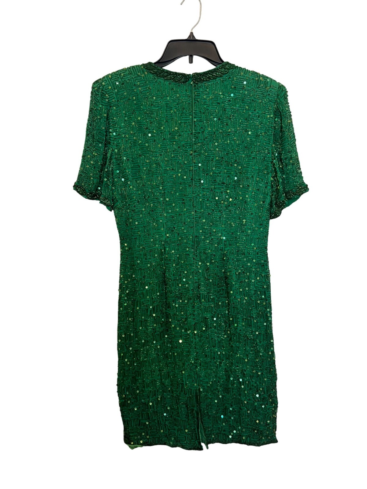 Vintage Lawrence Kazar Green Beaded Silk Dress With Rayon Lining Short Sleeves &