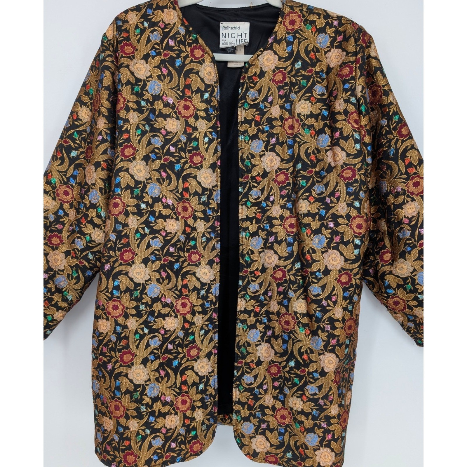 VTG 80s Satin Floral Brocade Jacket Womens M Black Gold Boho Chic Regency Whimsy
