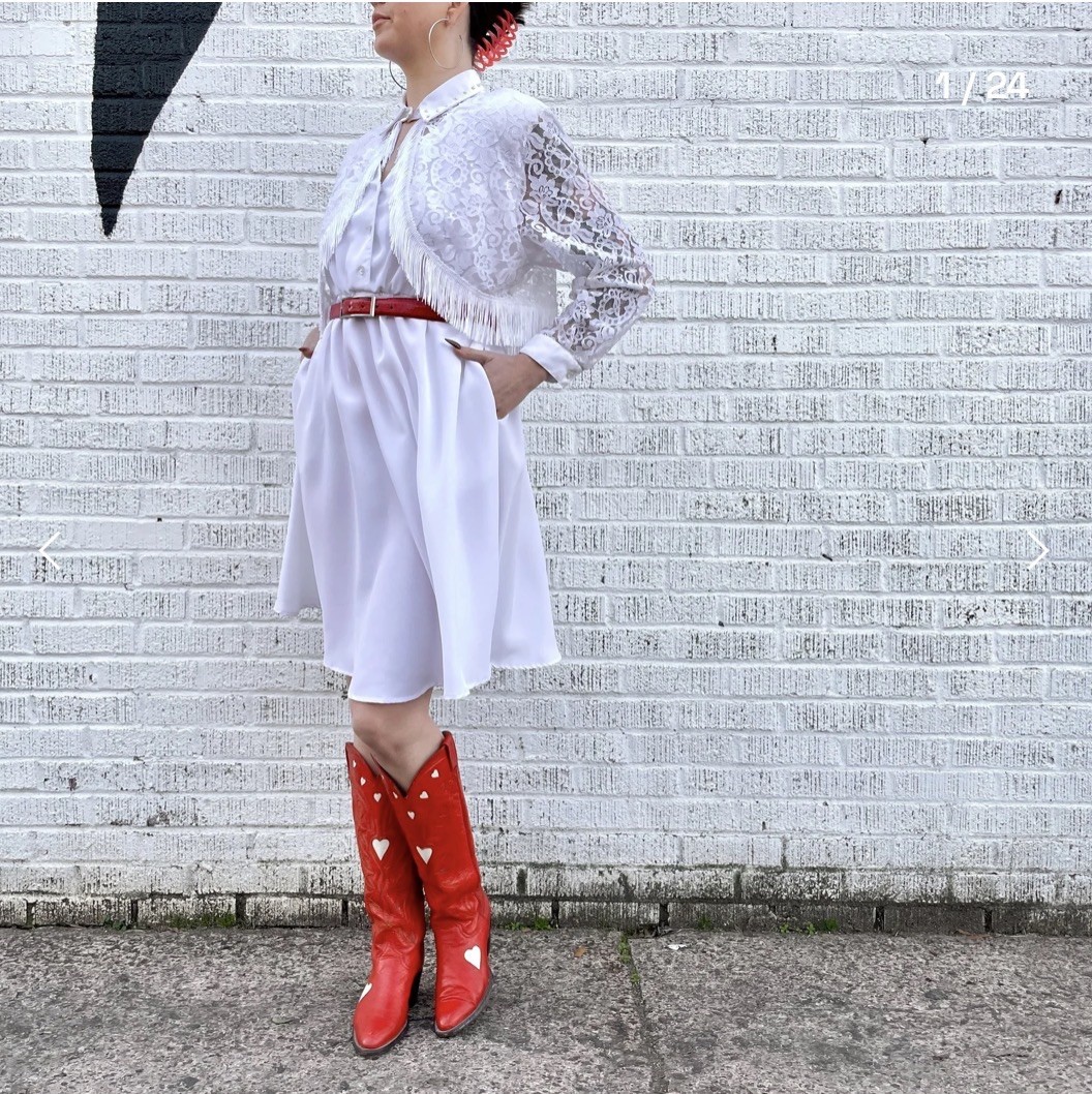 VTG 1980s White Lace & Fringe Western Dress, Authentic Ranchwear, Cowgirl, Rodeo