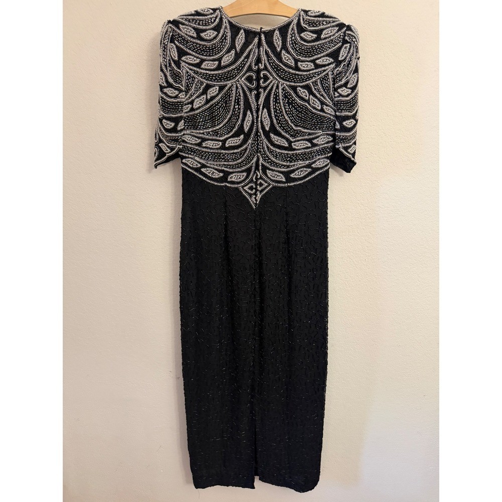 Night Vogue Vintage Black Silk Beaded Sequin Maxi Dress Art Deco Gown M Medium