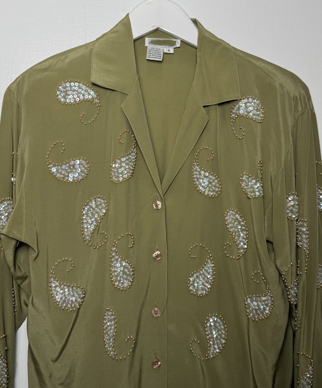 Vintage 80s 100% Silk Blouse Sz 4 Olive Sequin Beaded Paisley Tunic Shirt