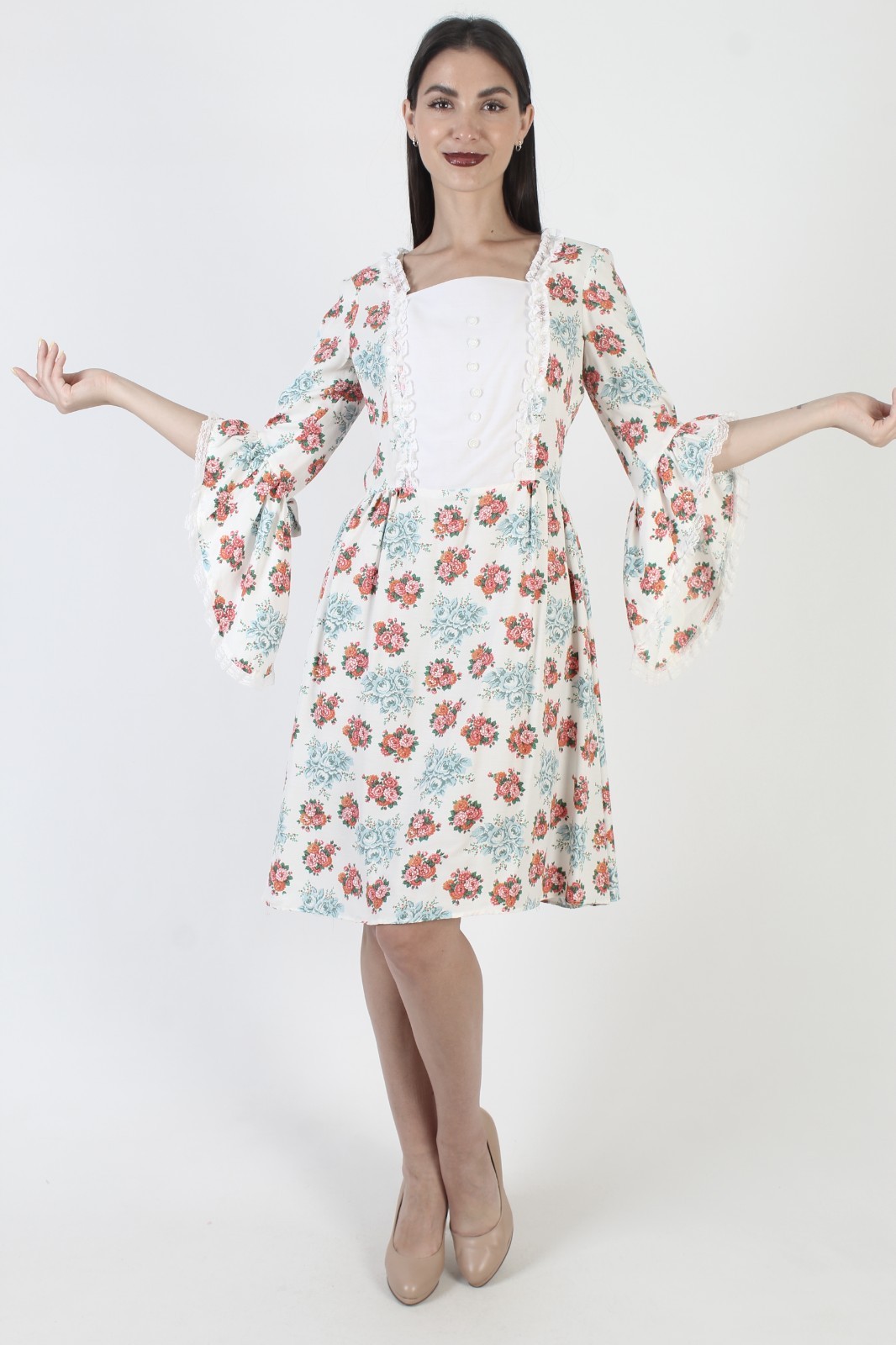 Vintage 70s Romantic Country Folk Dress Floral Prairie Trumpet Slv Homespun Mini
