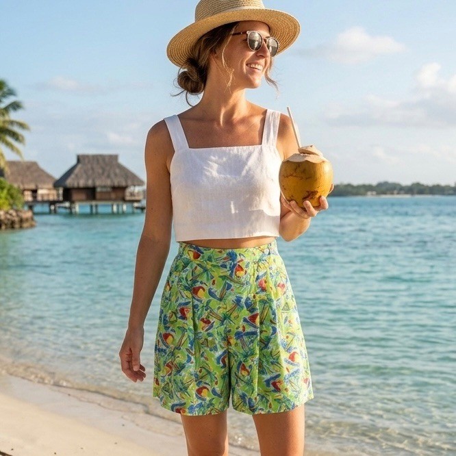 Vintage Jantzen Classics Tropical Island Print Shorts Green 90s High Waist 4