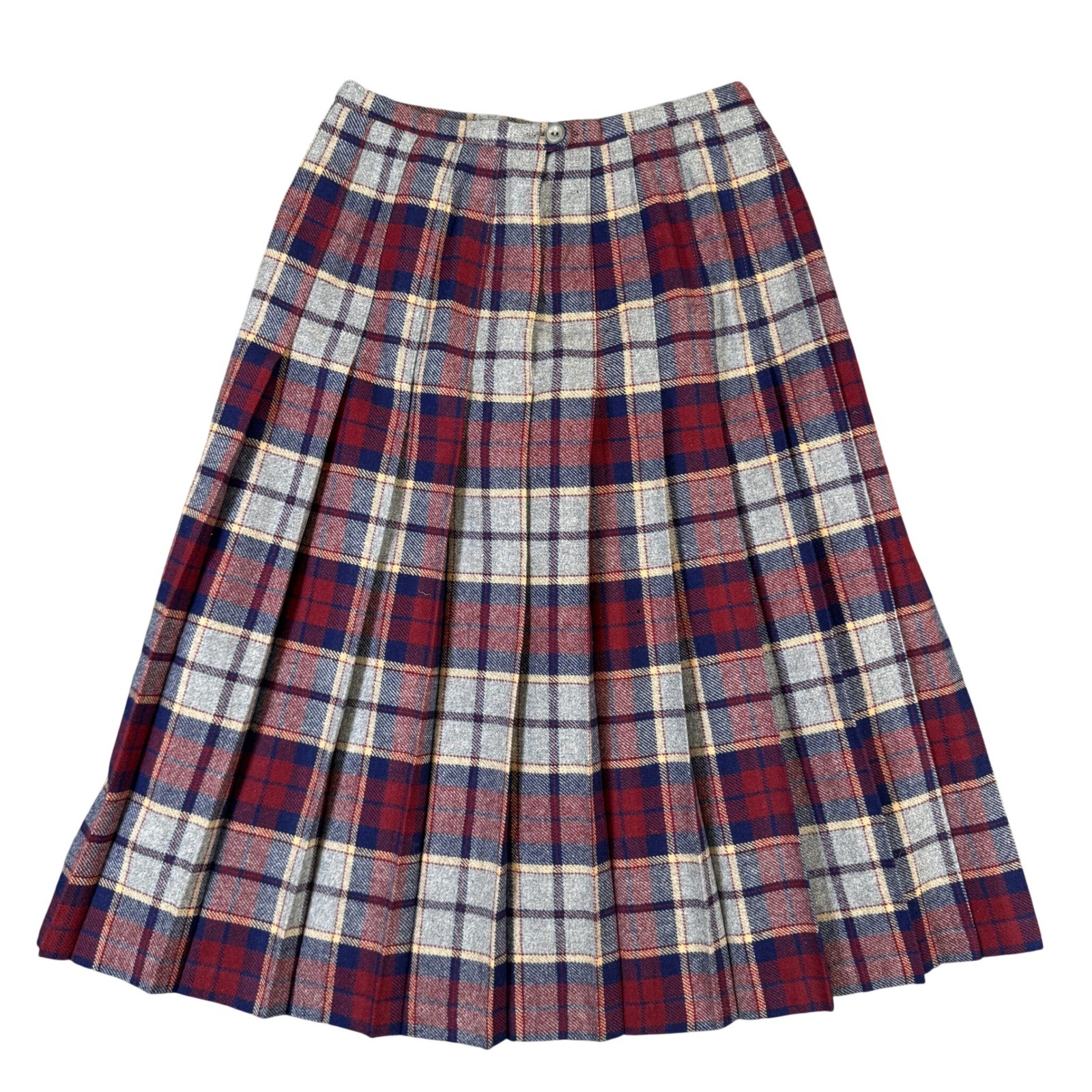 Brendella Vintage Wool Plaid Pleated Skirt Grey Red Navy Blue Made in Ireland 28