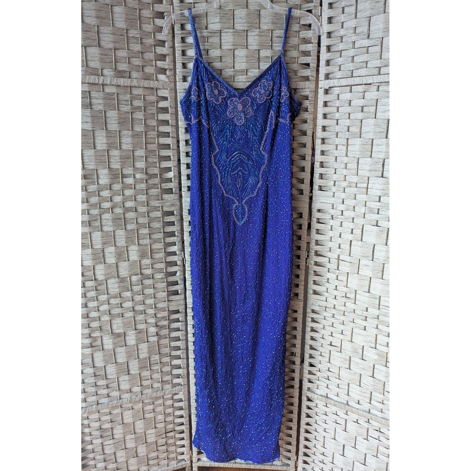 Vtg 90s Stenay Maxi Dress Royal Blue Beaded Sequin Silk Formal Gown Sz 6 *READ