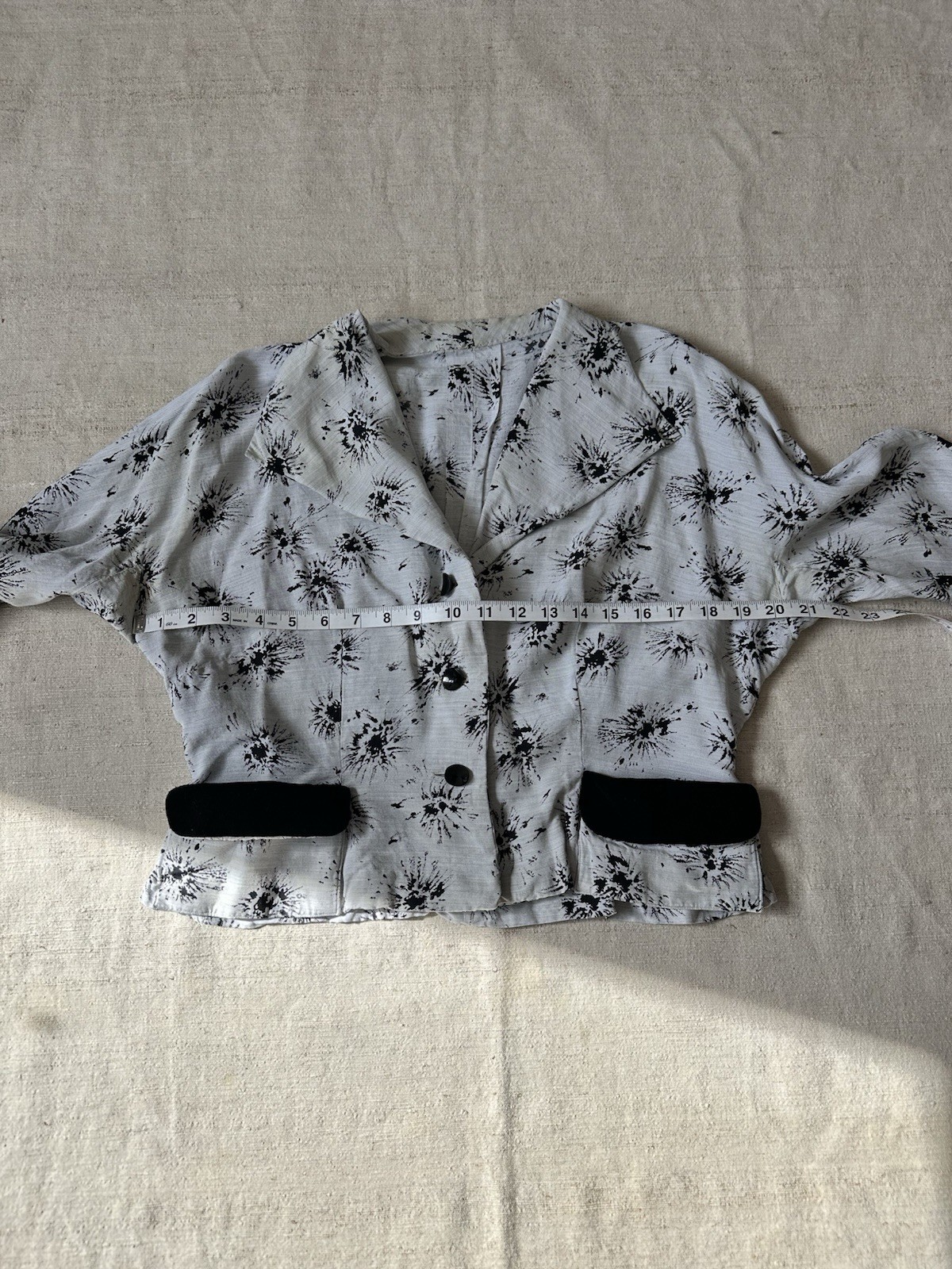1940s Vintage French Rayon Jacket Blouse Grey Printed Top Womens Medium