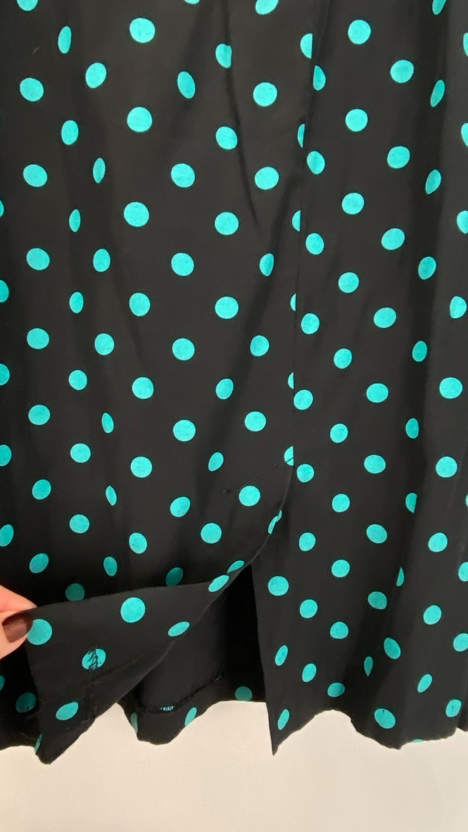 Vintage 1980s black polka dot suit L top pencil skirt set 3/4 sleeve teal jacket