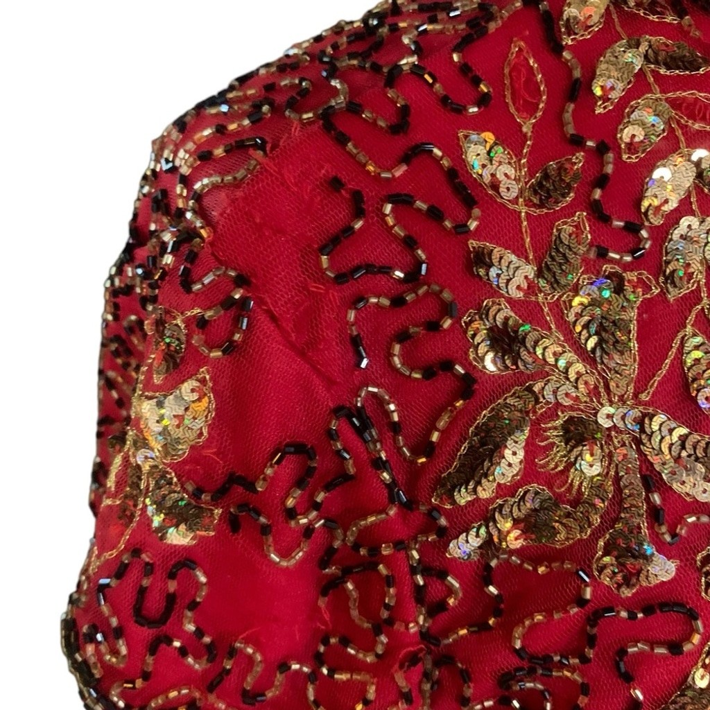 Vntg 90’s Marina red, gold and black beaded high neck short sleeved top sz small