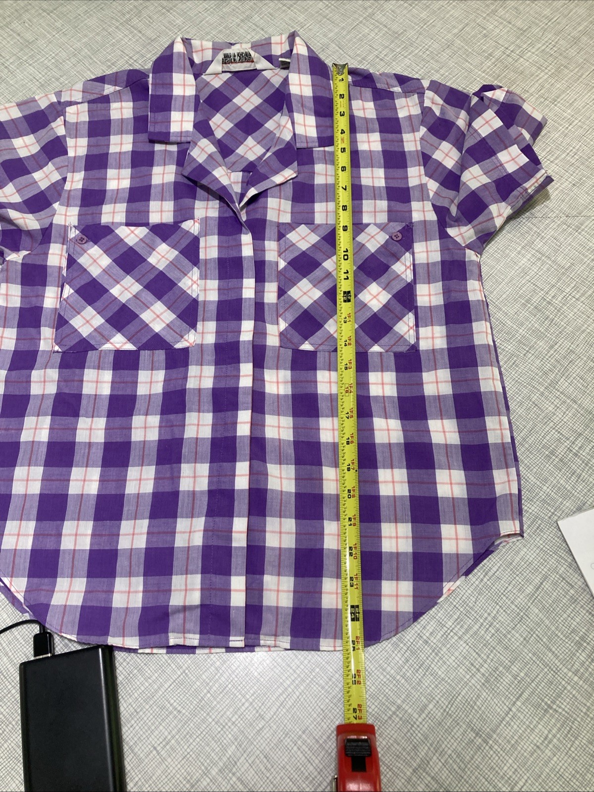 VTG 80s 90s Easton Park Plaid Camp Shirt Blouse Top Purple Gingham Collar Grunge