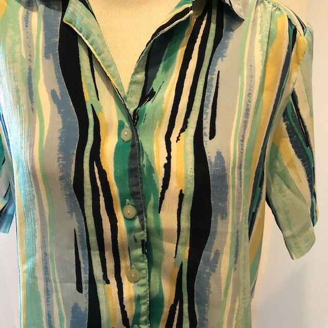 Vintage Blouse Donnkenny Classics Women’s Size S Striped Blue Yellow Green