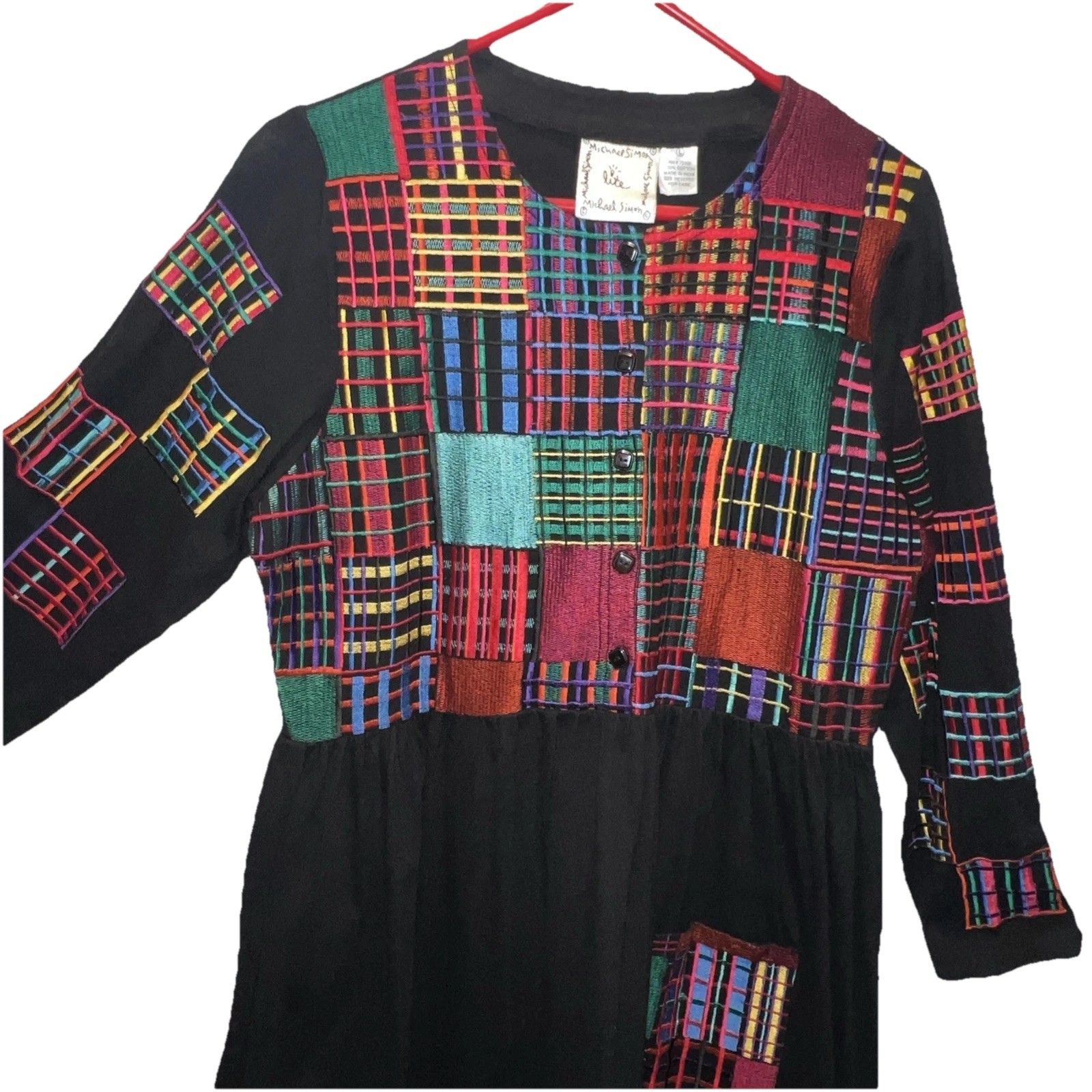 MICHAEL SIMON LITE BLACK COTTON DRESS WITH MULTI COLOR HEAVY EMBROIDERY SZ LG