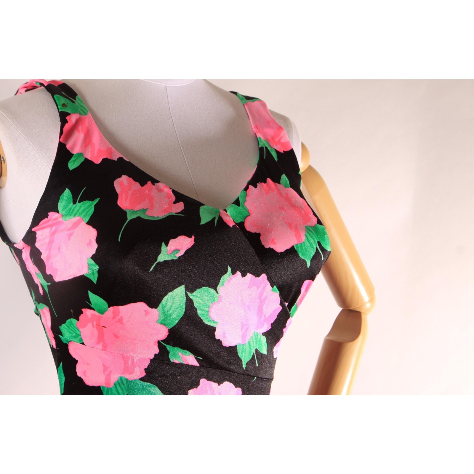 1970s 1980s Black Pink Green Floral One Piece Swimsuit by Maxine of Hollywood