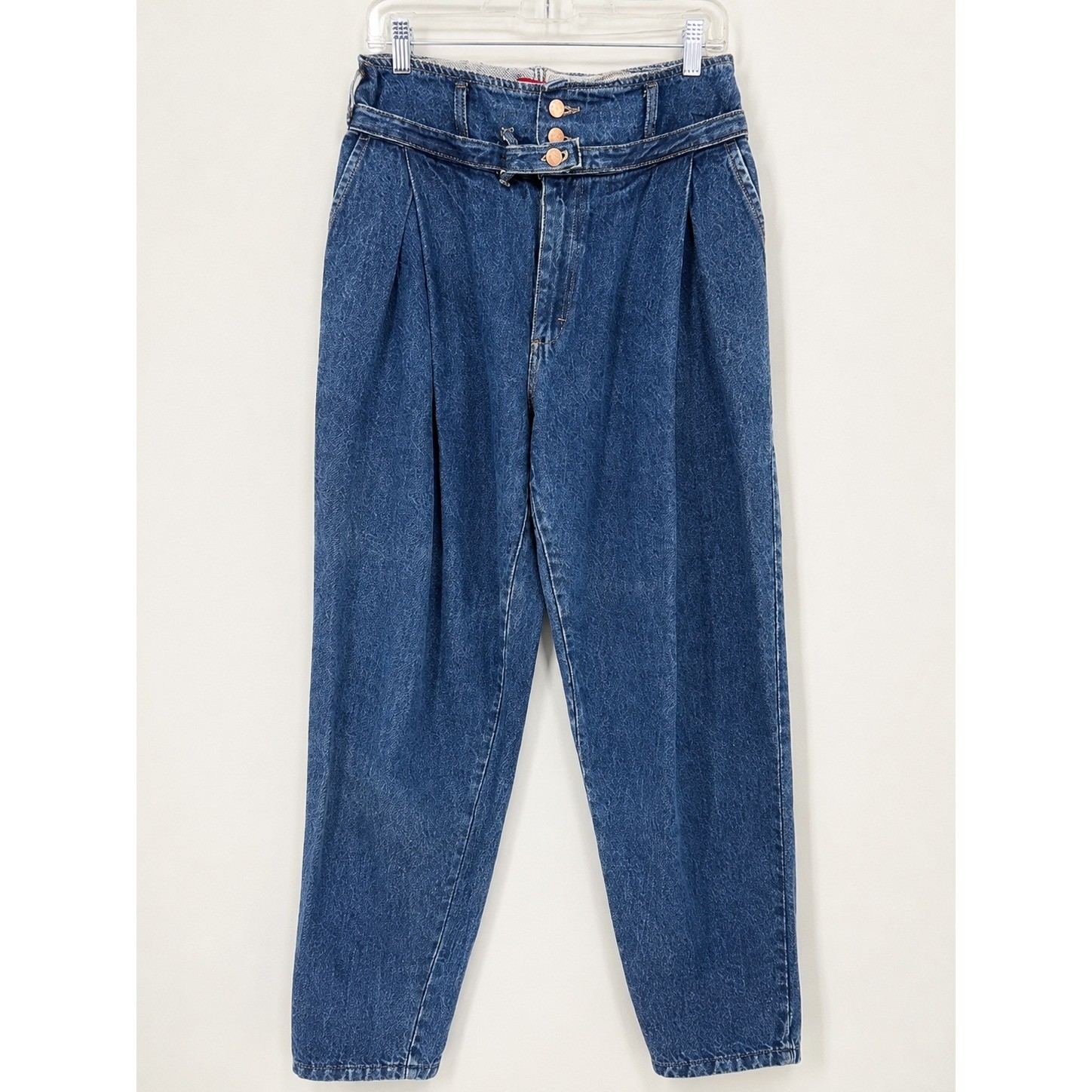 Vintage High Rise Pleated Belted Jeans USA Made Blue Cotton Denim Sz 13 Waist 30