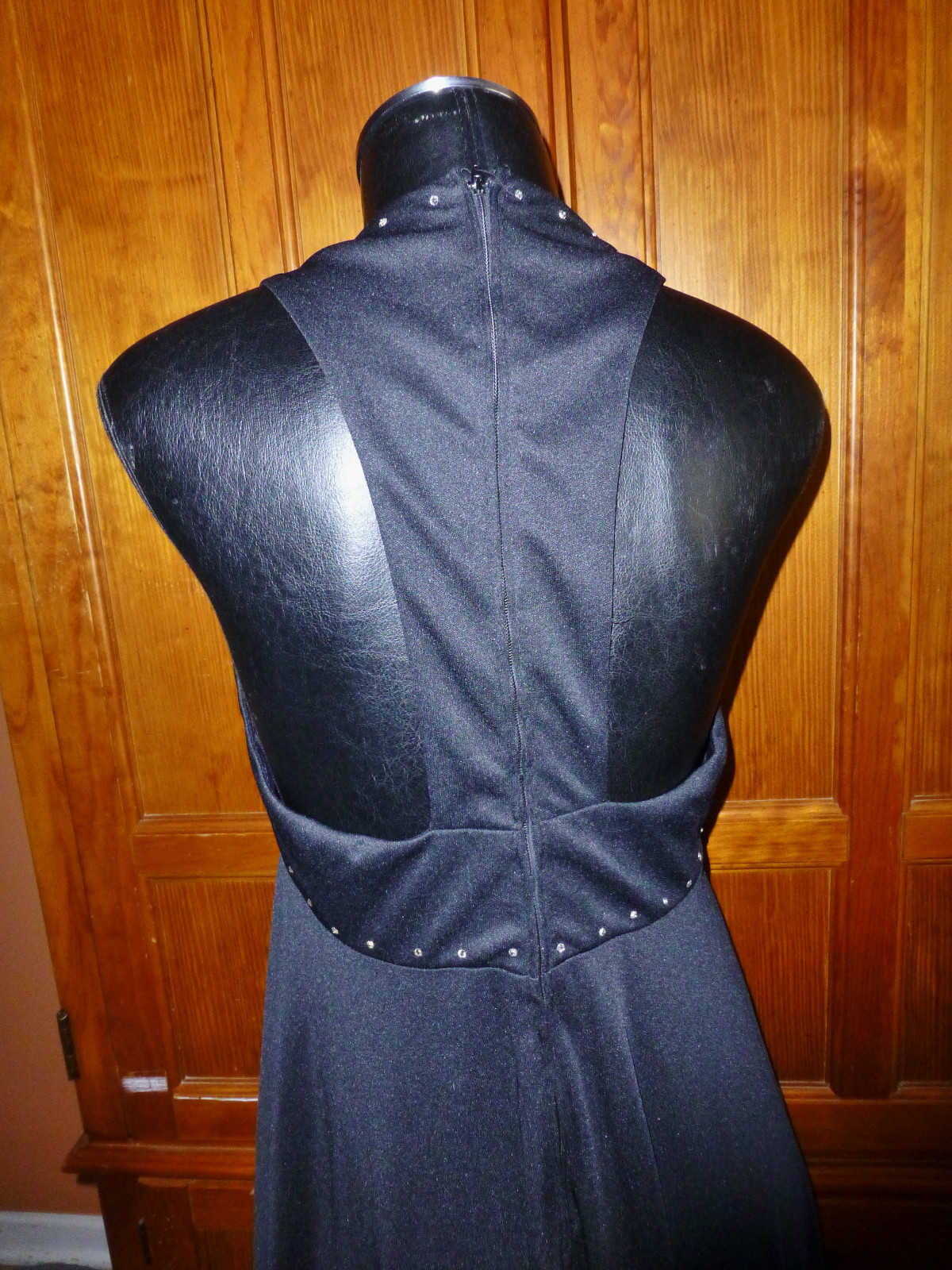 Vtg 70s Black Jersey Knit Rhinestones Boho Empire Disco Evening Maxi DRESS GOWN