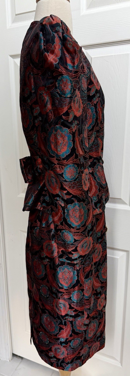 Vintage 80s Jill Richards SZ 8 Nipped Waist Brocade Suit Puff Sleeve Back Bow