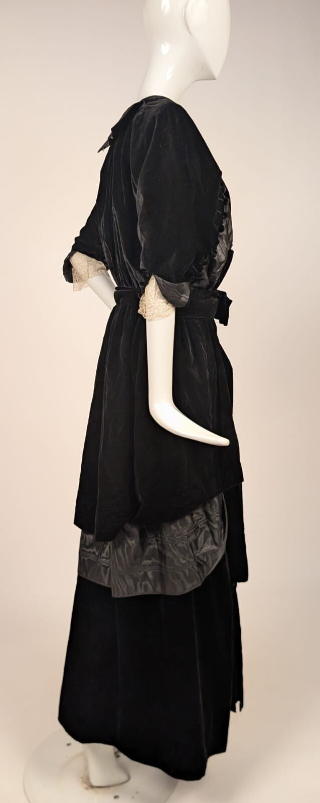 OPULENT EDWARDIAN SILK VELVET + WATERED MOIRE DRESS W LACE SLEEVES