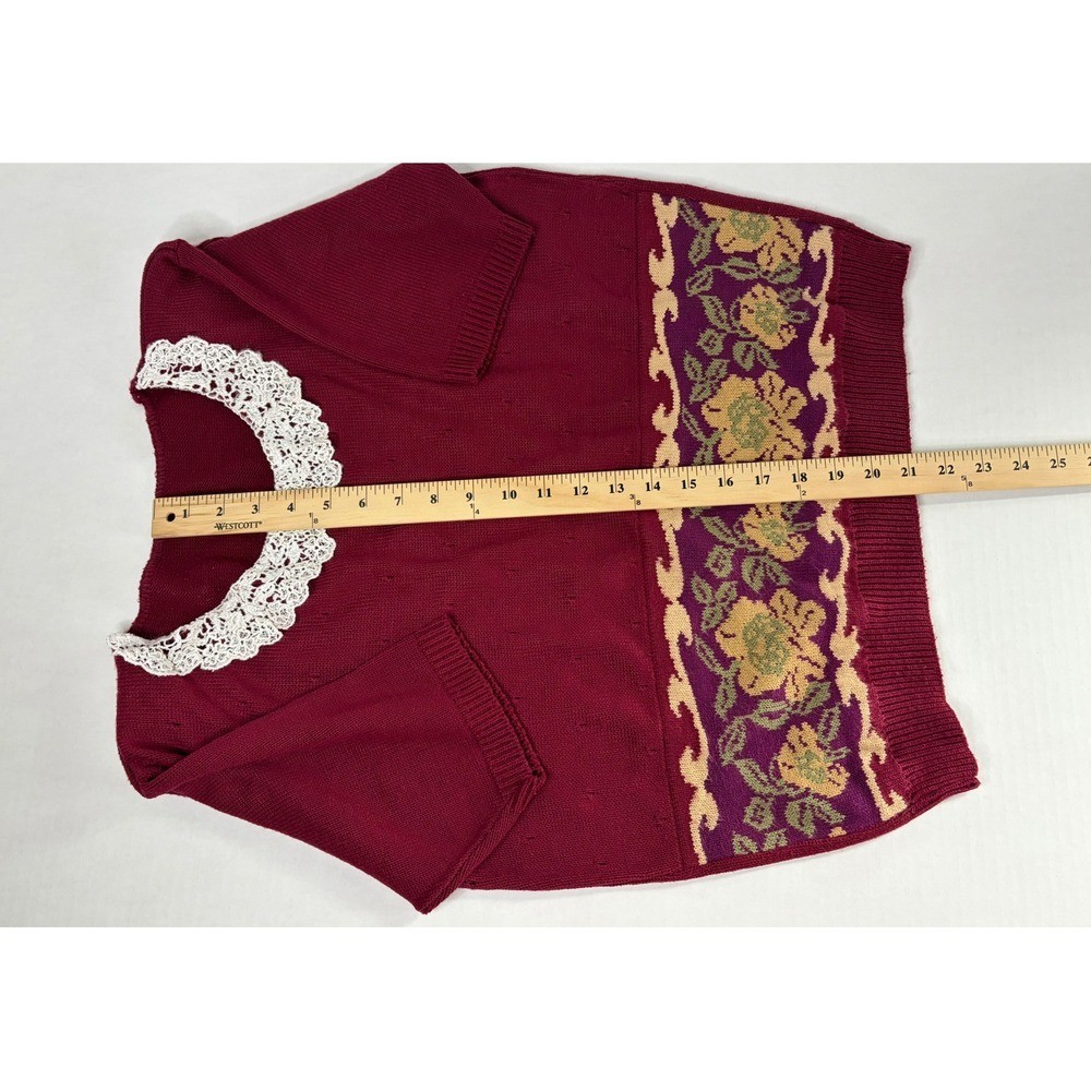 Vintage Burgundy Knit Short Sleeve Sweater Floral Lace Collar Cottagecore Top