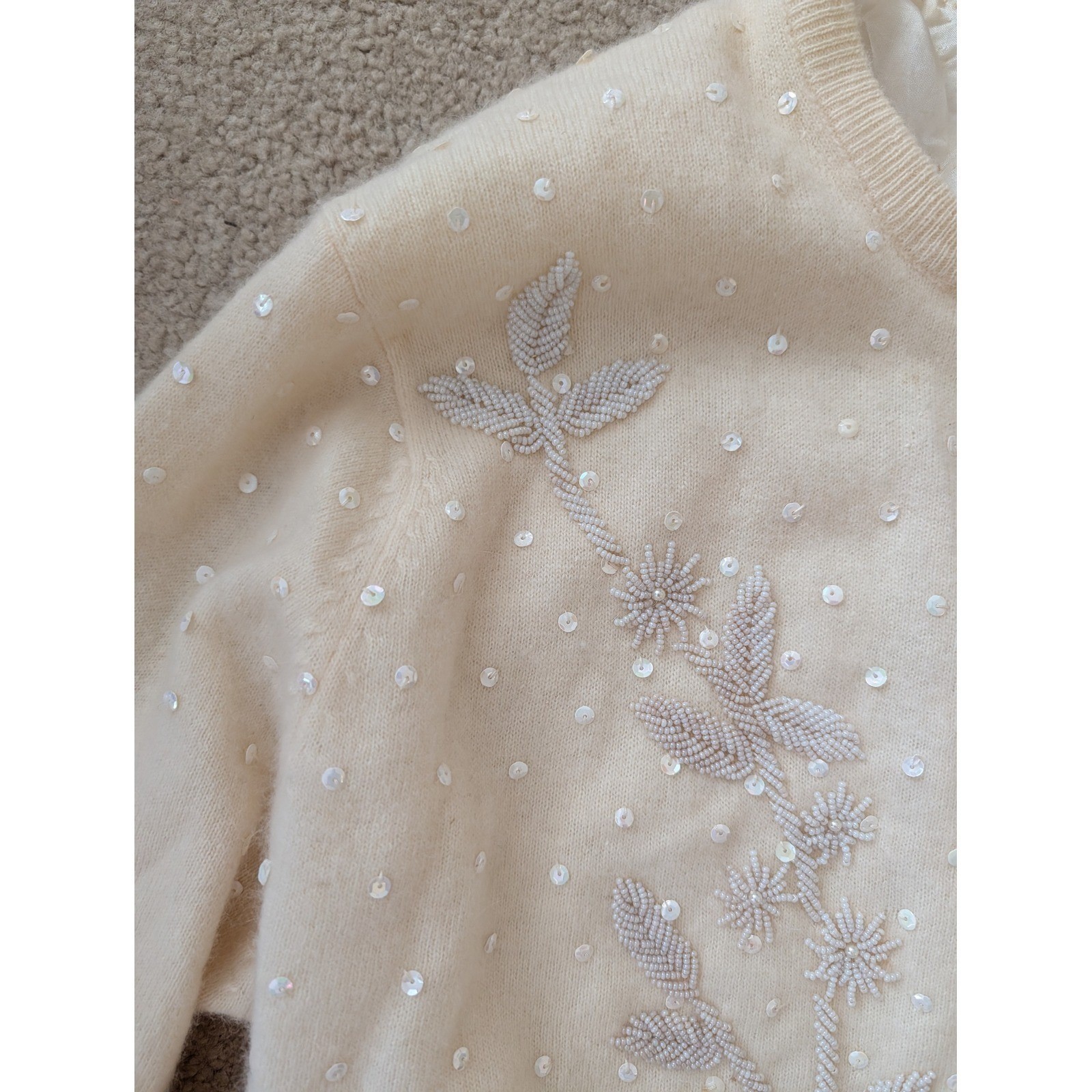 Vintage Women’s Beaded Angora Lambswool Cardigan Cream Floral Sequin Sweater- XS