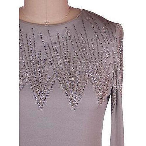 Teal Traina VTG 1970s Gray Silk Jersey Dress Beaded Rhinestone Yoke S/M 36-33-41
