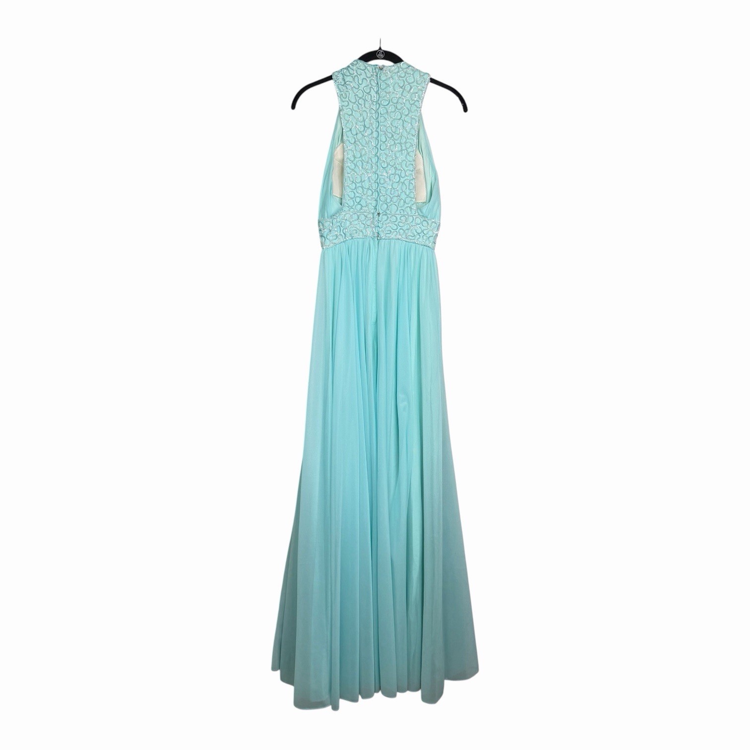 Vintage 60s Mike Benet Sequin Beaded Blue Chiffon Halter Evening Gown Dress XS