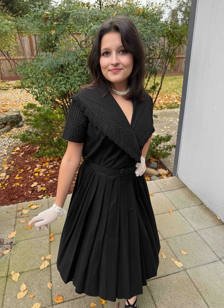 Vintage 1950s DRESS Pleated Cotton Frock Full Skirt Retro Rockabilly Small