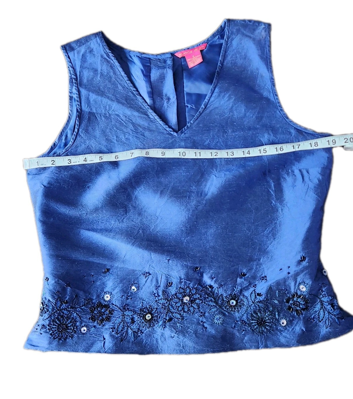 Sunny Leigh Vintage Blue Beaded Silk Dupioni 2 Piece Pants Blouse Set Size M