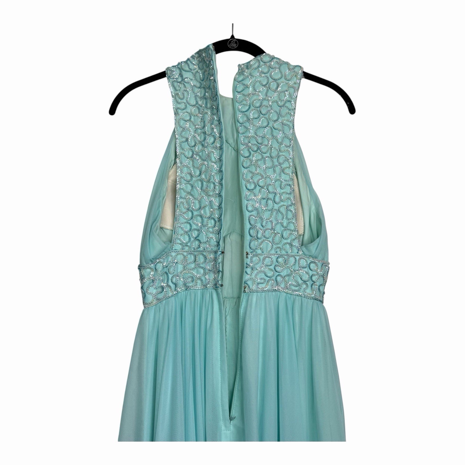 Vintage 60s Mike Benet Sequin Beaded Blue Chiffon Halter Evening Gown Dress XS