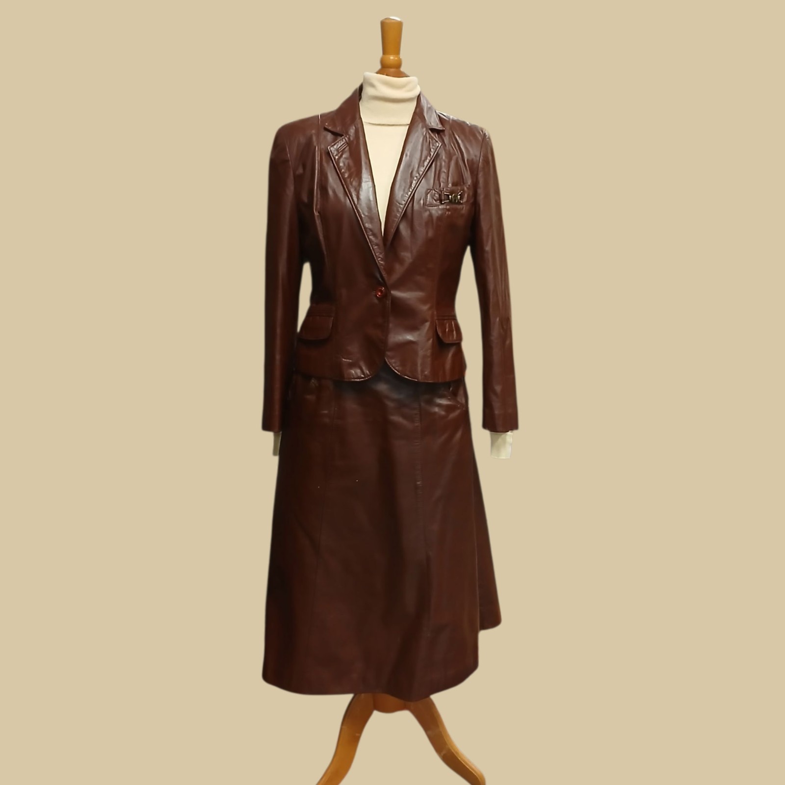 70s Etienne Aigner Oxblood Red Leather Skirt Suit