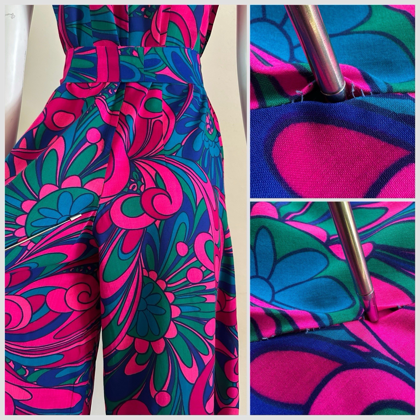1960s Fumis Waikiki Hawaiian Palazzo Jumpsuit Psychedelic Floral Hostess Mod VTG