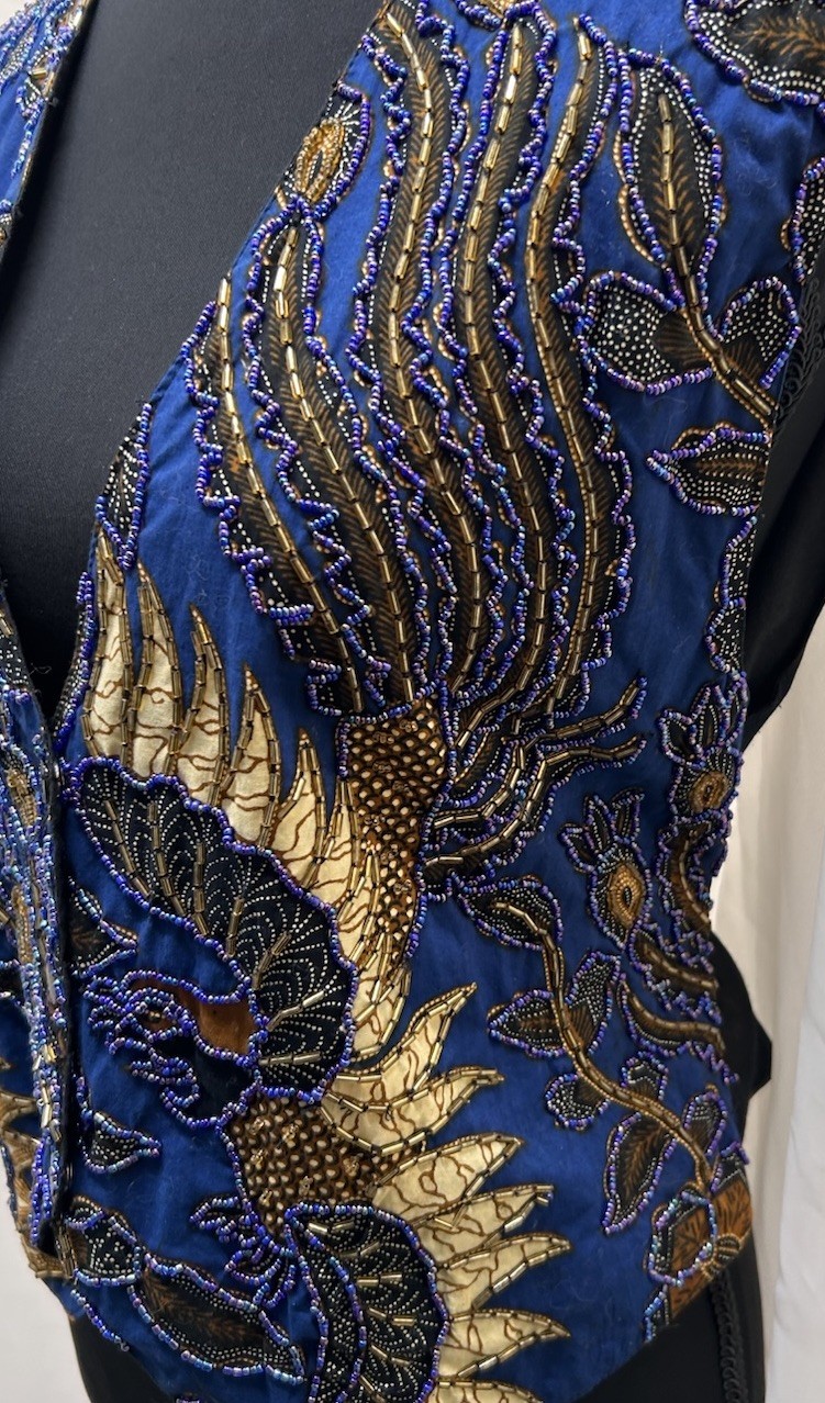 Vintage Tan Cita Womens M Blue Gold Beaded Embroidered Vest Boho Y2K Tie Back