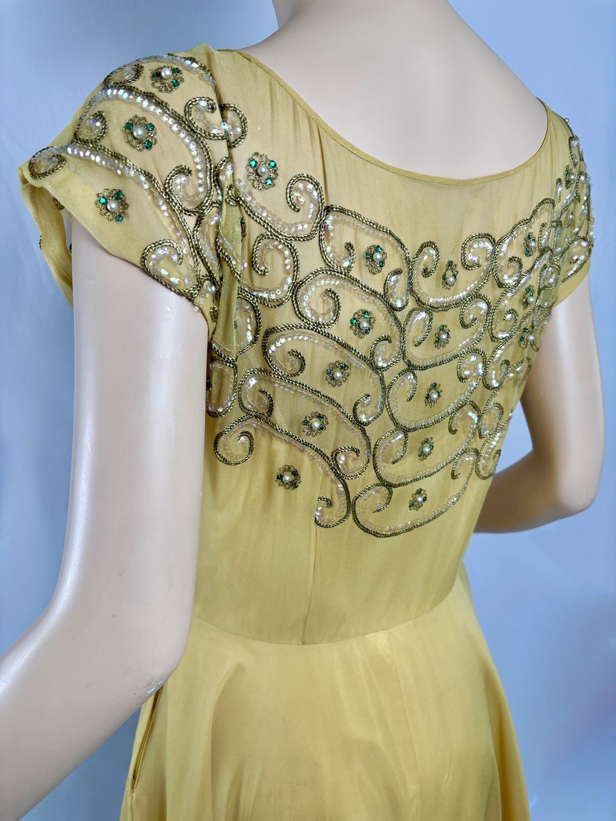 Vintage 40s Goldenrod Silk Chiffon Evening Gown Rhinestones, Sequins, Gold Cord