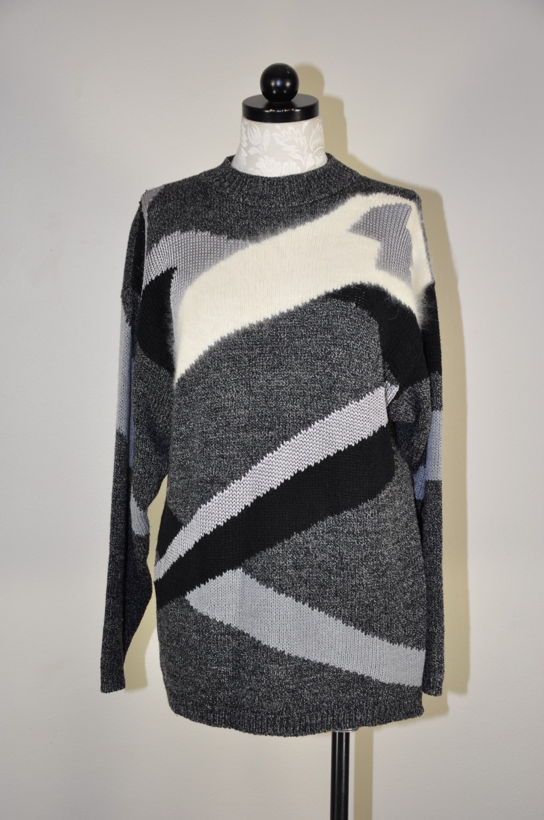 90s Vintage Gray Angora Rayon Colorblock Crewneck Boyfriend Sweater Women M L