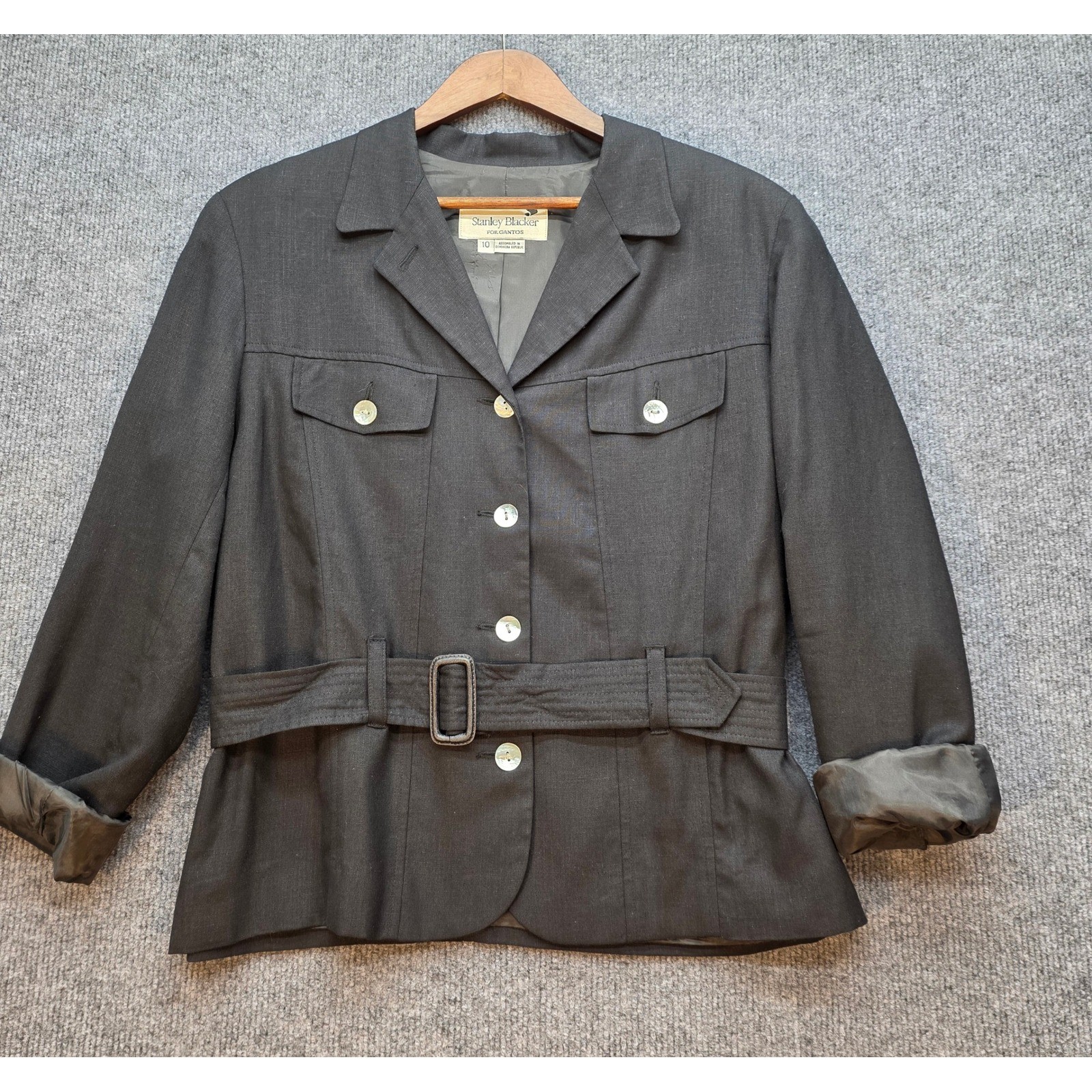 Stanley Blacker Safari Jacket Women 10 Black Excellent VTG Belted Linen Blend