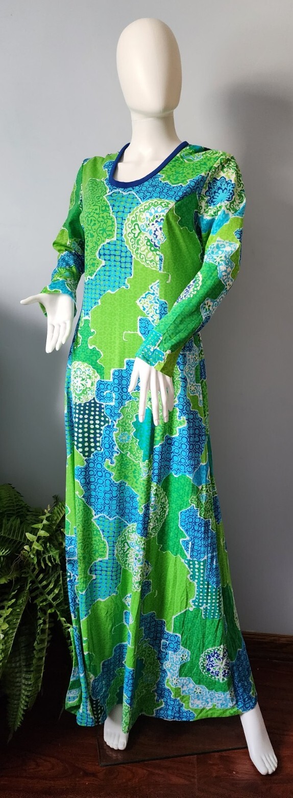 The Clique 1970s Blue Green Tones Abstract Print Long Sleeve Boho Maxi Dress 14