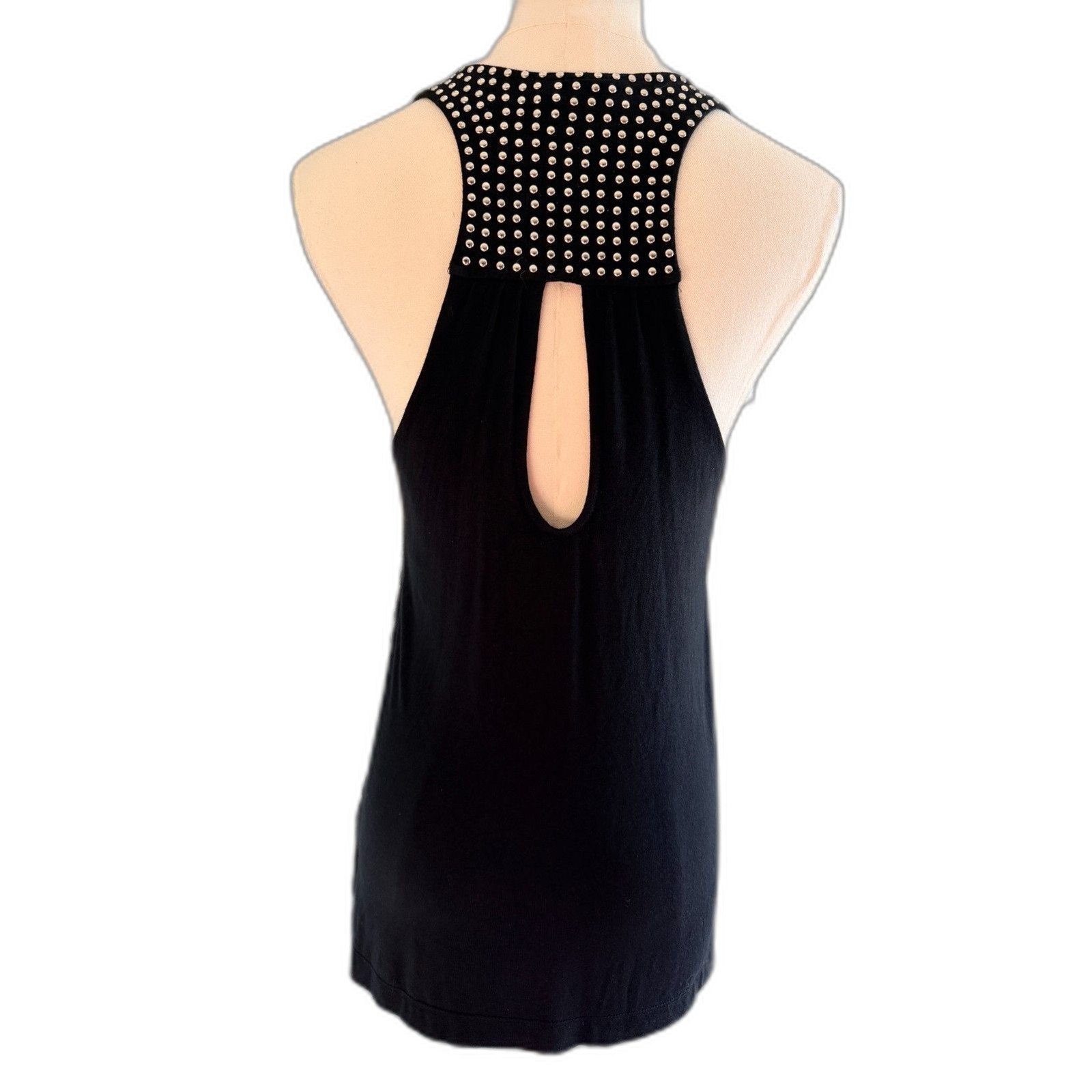 VTG Y2K Bebe Black Tank Top Gold Studded Embellished Keyhole Back Clubwear Sz S