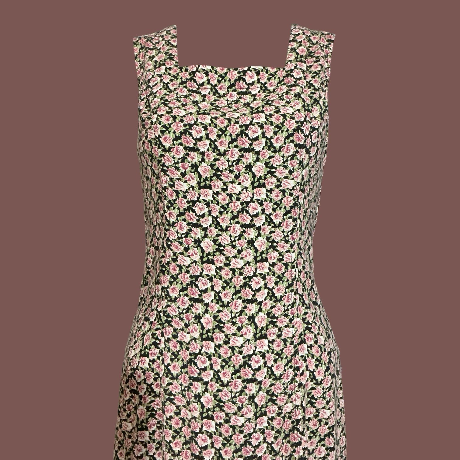 Vintage 90s Somerset Black Pink Rose Rayon Midi Dress Square Neck