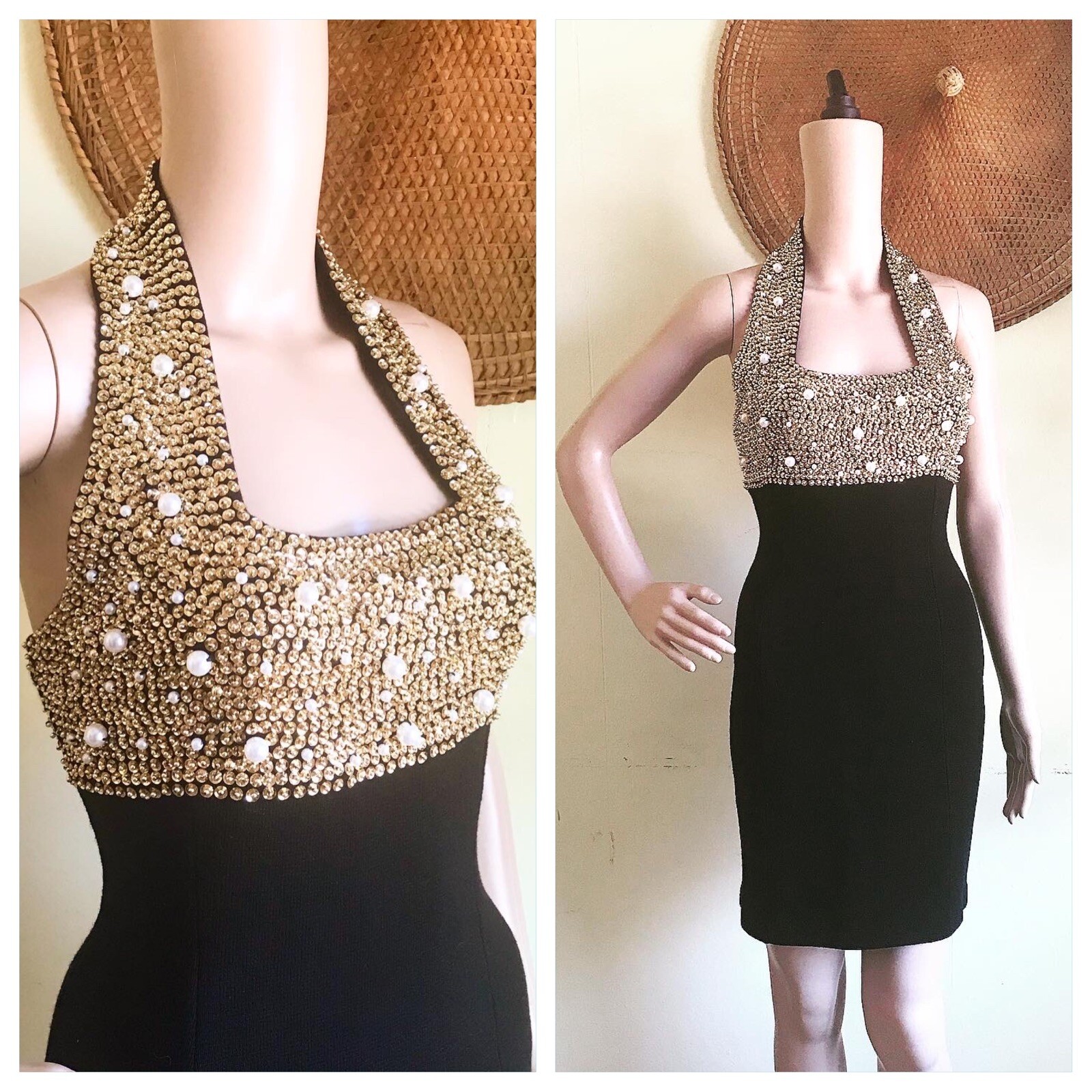 GOLD SEQUINED PEARLS 1990’s Bodycon Vintage 90s Black Knit Mini Cocktail Dress M