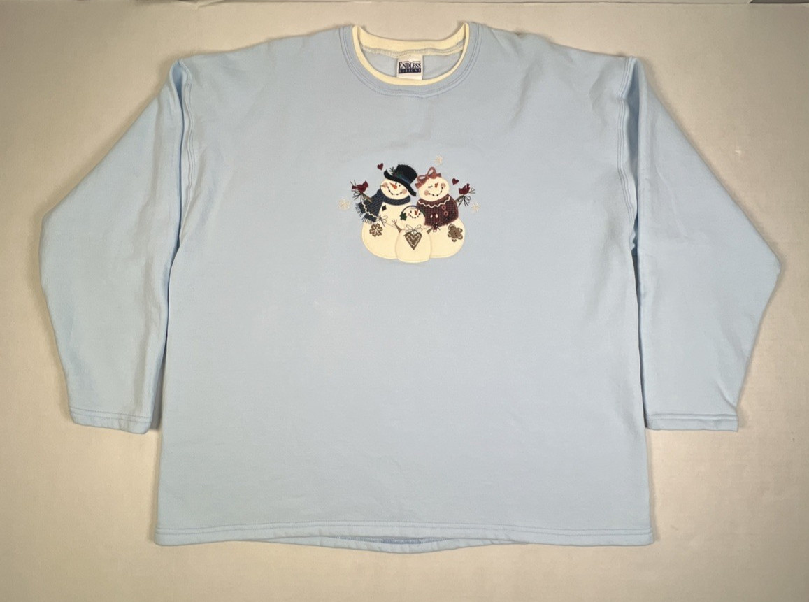 90s Endless Designs Snowman Sweatshirt XL Light Blue Embroidered Winter Holiday