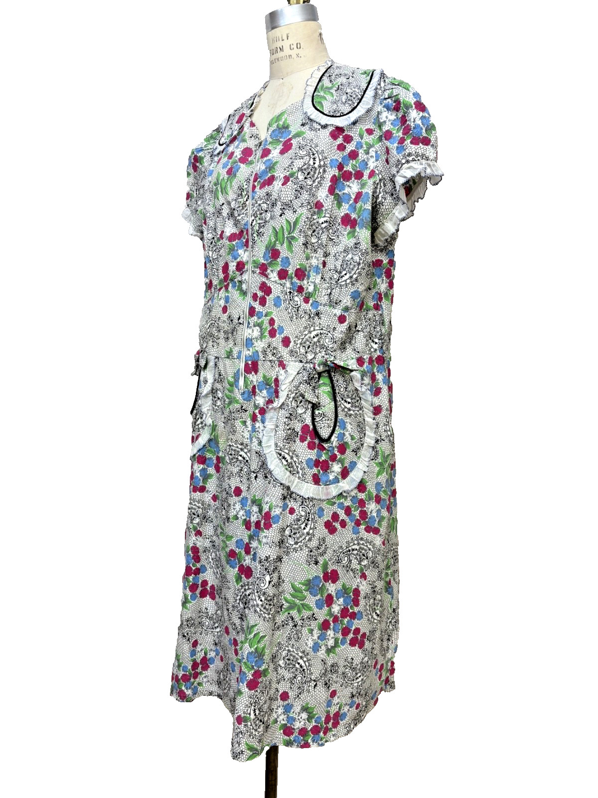 Vintage 40s 50s Zipper Day Dress Volup Novelty Cotton Pouf Sleeve Ruffle XL 2XL