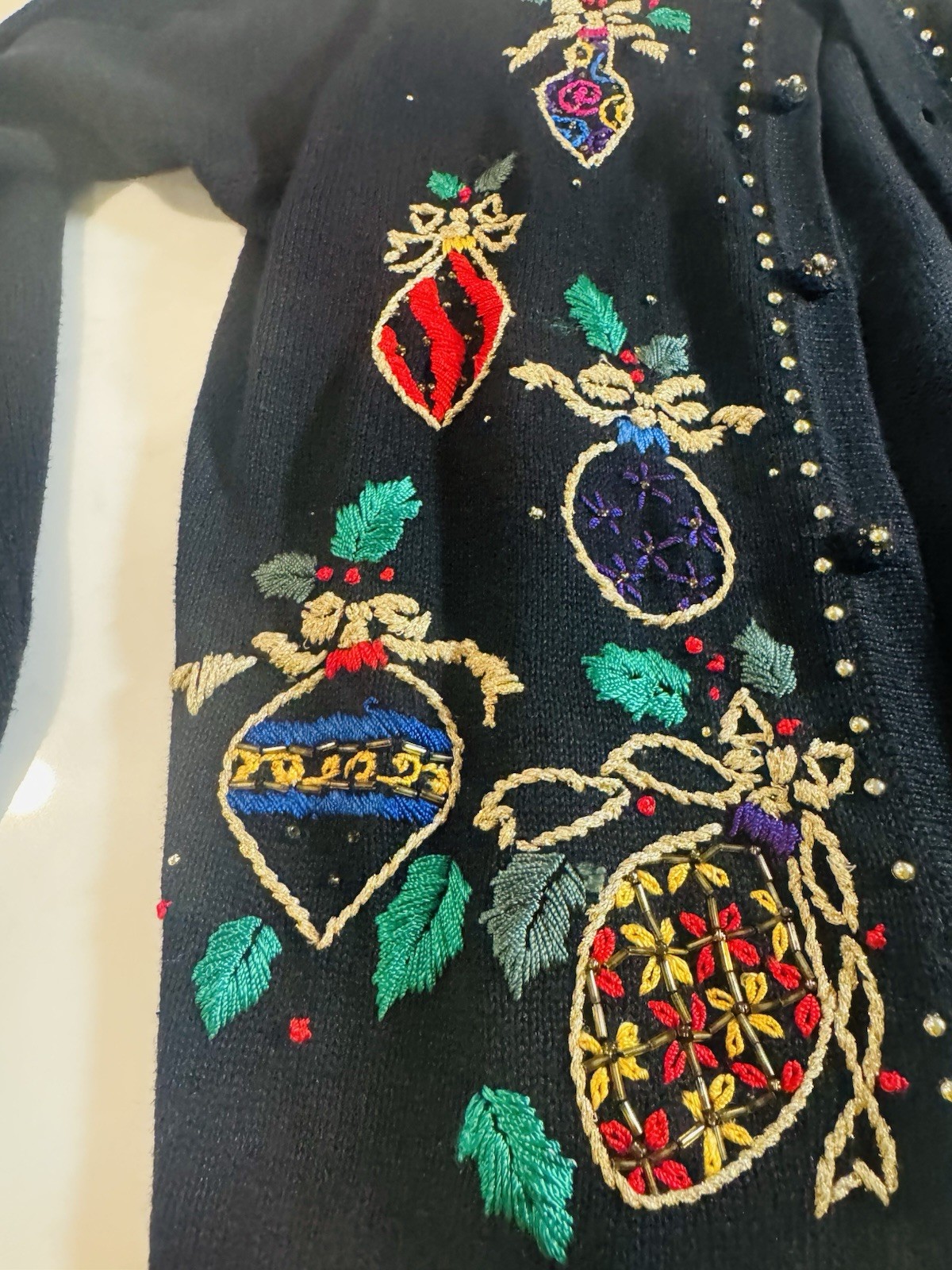 Arriviste Christmas Sweater Women’s M Black Embroidered Ornament Beaded Cardigan