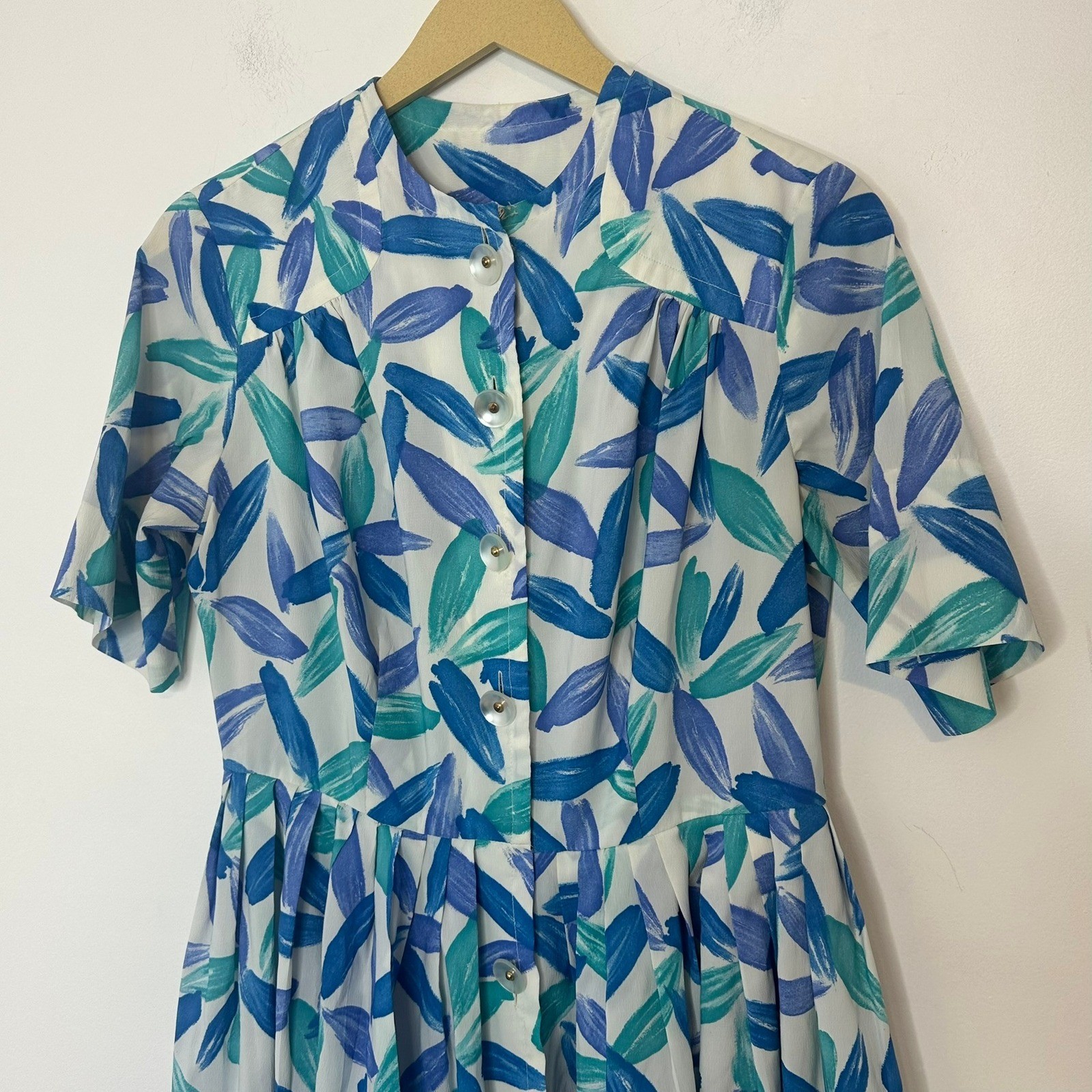 Vintage 80’s Floral Shirt Dress Women 6 Blue Teal Leaf Print Vintage Knee Length
